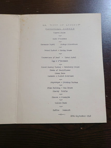 Ellerman Lines S.S. City of Lucknow Farewell Dinner Menu