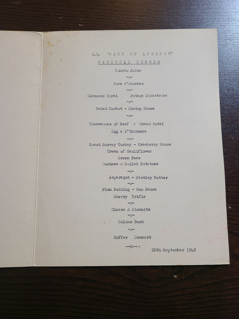 Ellerman Lines S.S. City of Lucknow Farewell Dinner Menu