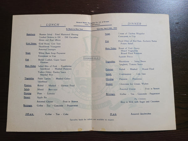 Greek Line T.S.S. Neptunia Lunch Menu