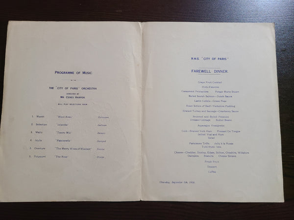Wilson Line R.M.S. City of Paris Farewell Dinner Menu