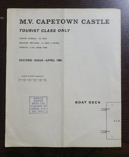 Union Castle Line M.V. Capetown Castle Tourist Class Deck Plan
