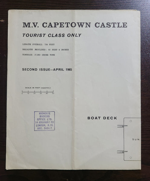 Union Castle Line M.V. Capetown Castle Tourist Class Deck Plan