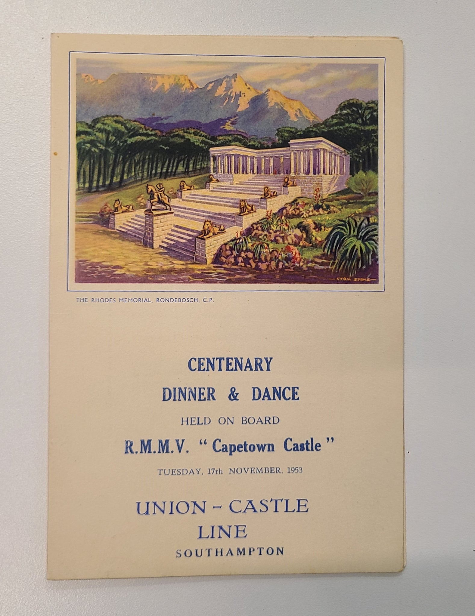 Union Castle Line R.M.M.V. Capetown Castle Centenary Dinner Menu