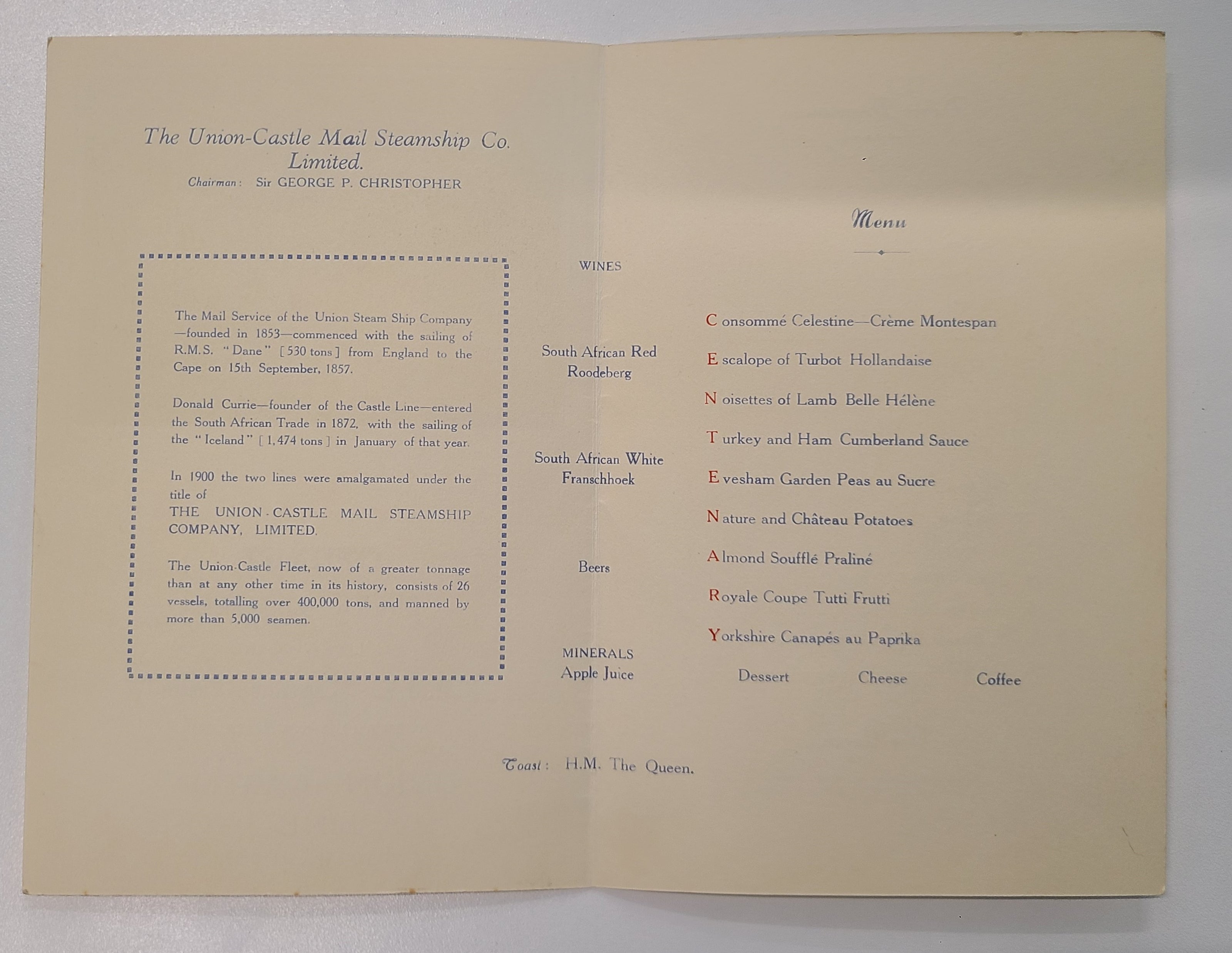 Union Castle Line R.M.M.V. Capetown Castle Centenary Dinner Menu