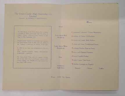 Union Castle Line R.M.M.V. Capetown Castle Centenary Dinner Menu