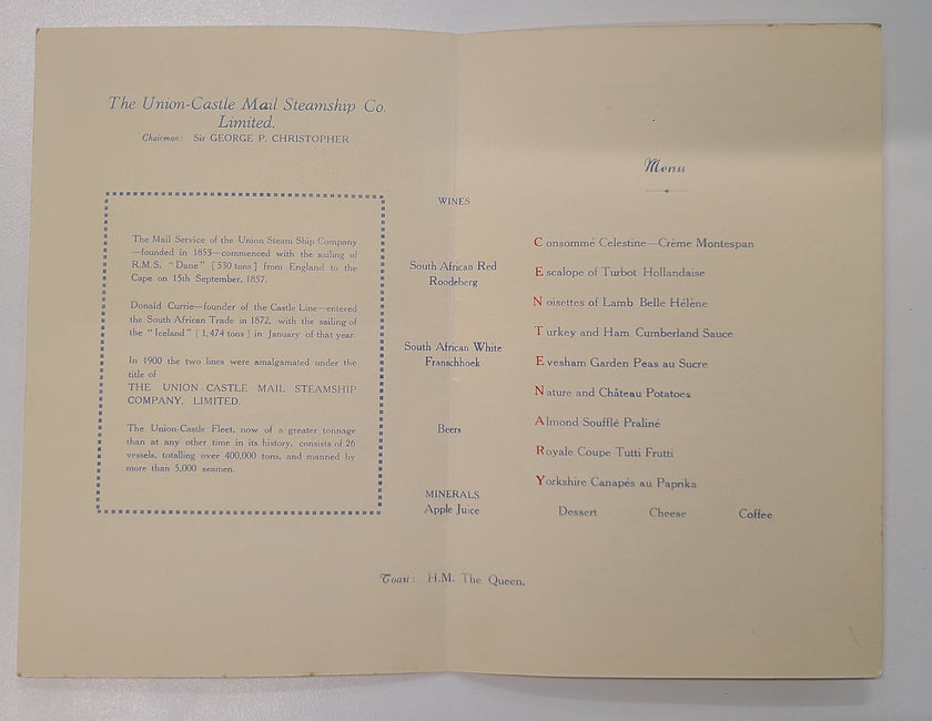 Union Castle Line R.M.M.V. Capetown Castle Centenary Dinner Menu