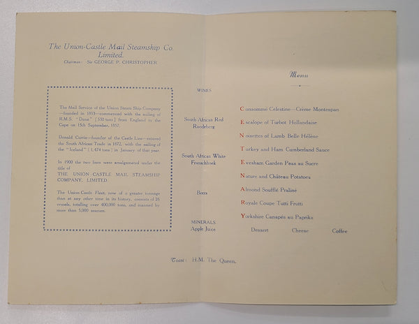 Union Castle Line R.M.M.V. Capetown Castle Centenary Dinner Menu
