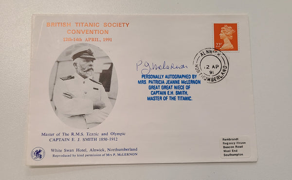 British Titanic Society Postal Cover signed CAPT Smith's Great Great Niece Mrs. Patricia McLernon