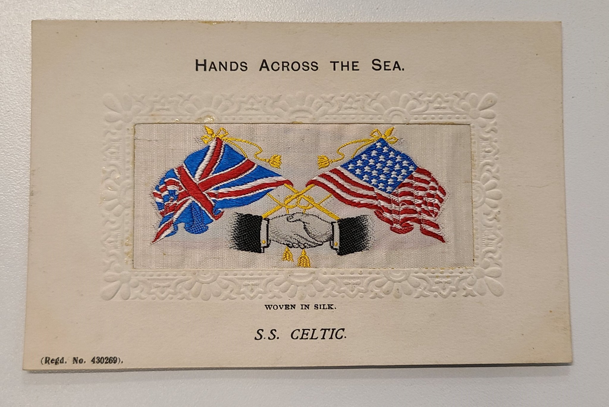 White Star Line S.S. Celtic Hands Across the Sea Silk Post Card