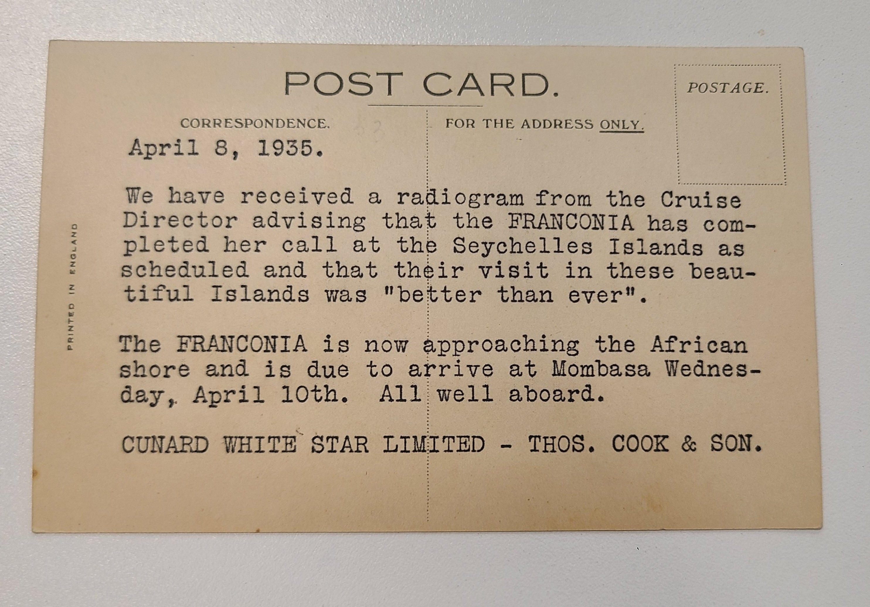 Cunard White Star R.M.S. Lancastria Post Card
