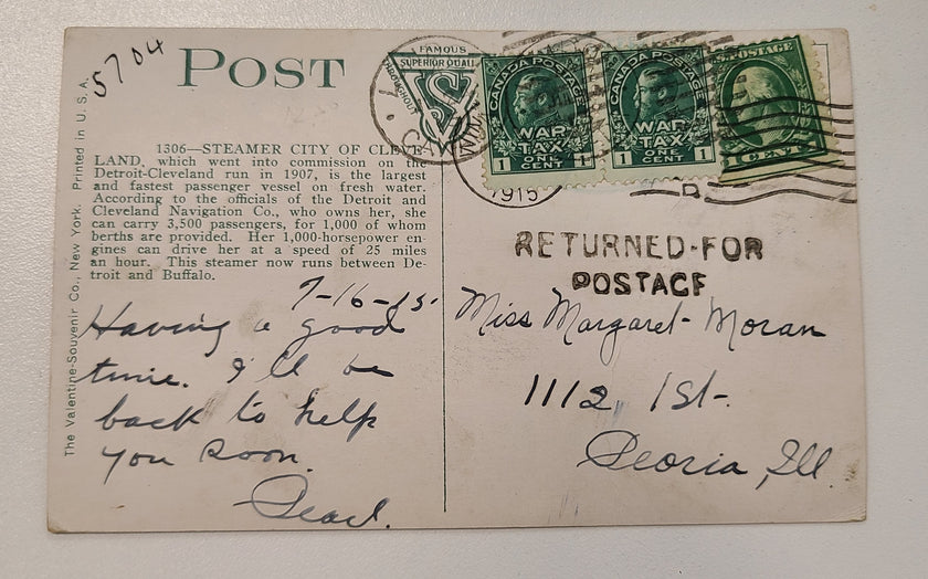D&C Navigation Company Steamer City of Cleveland Post Card