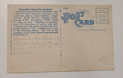 D&C Navigation Company Steamer Greater Detroit Post Card