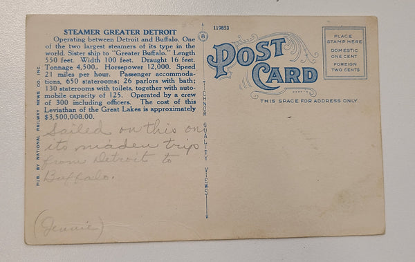 D&C Navigation Company Steamer Greater Detroit Post Card