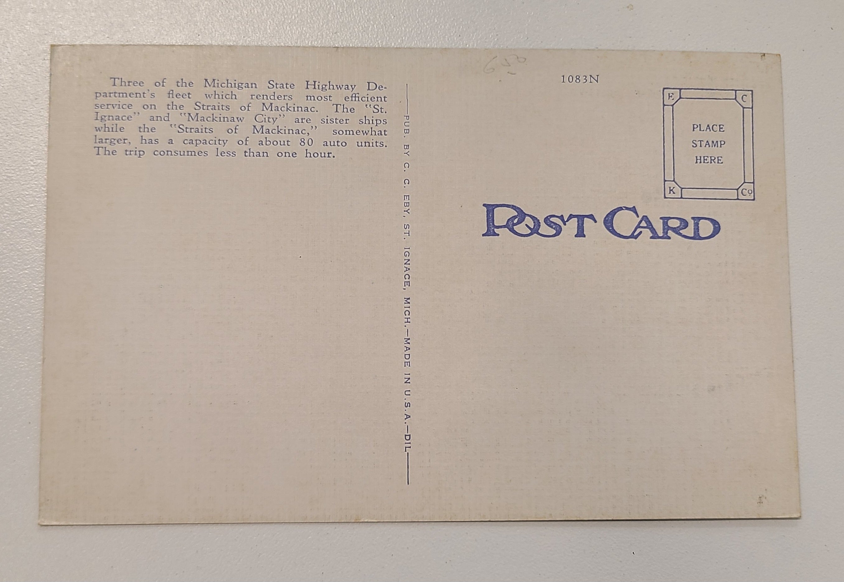 Michigan State Auto Ferries Post Card