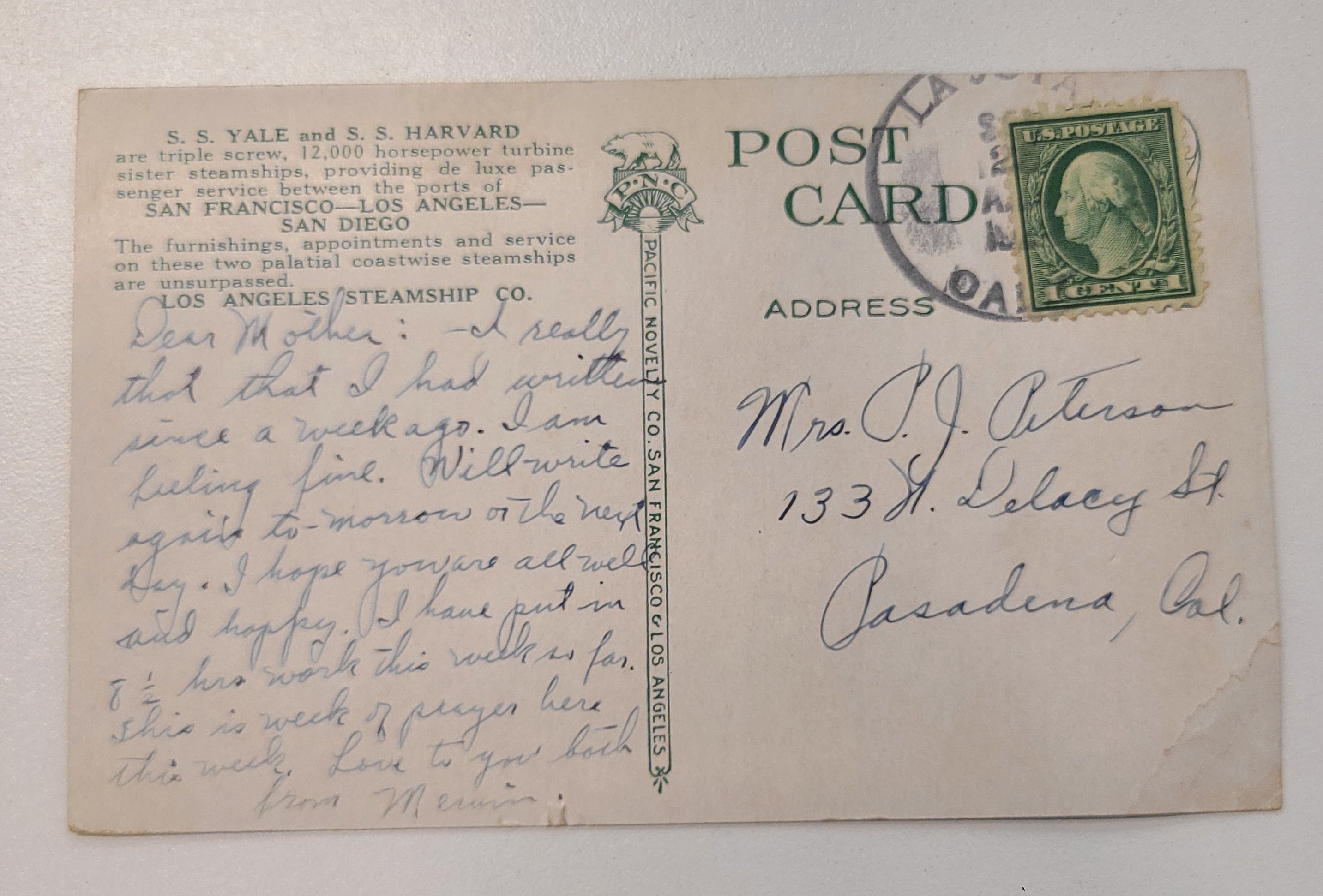 LA Steamship Company's S.S. Yale/Harvard Post Card