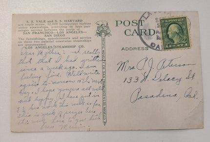 LA Steamship Company's S.S. Yale/Harvard Post Card