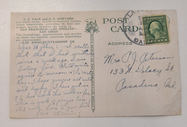 LA Steamship Company's S.S. Yale/Harvard Post Card