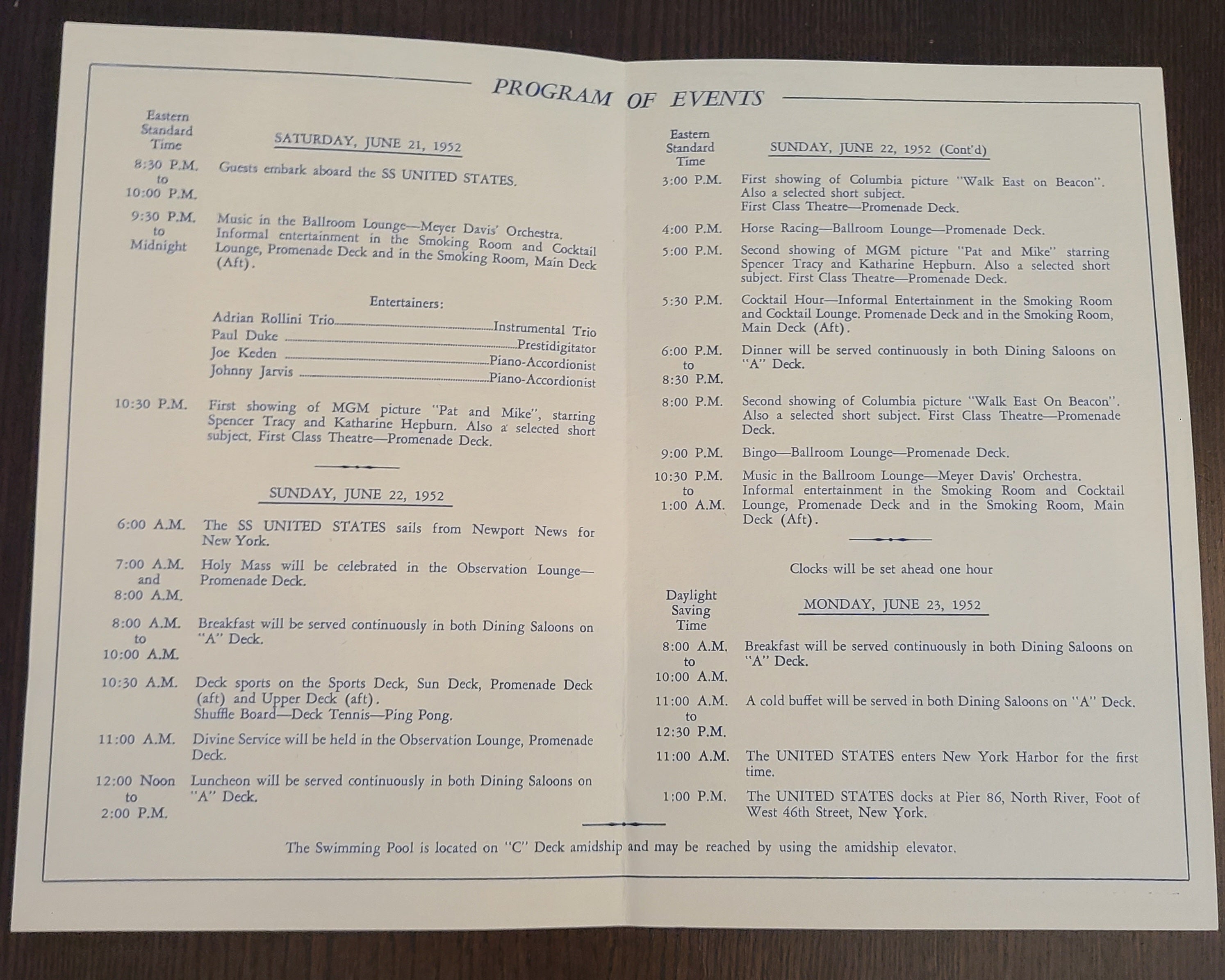 S.S. United States Pre-Maiden Voyage Program of Events (June 21st, 1952)