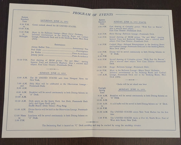 S.S. United States Pre-Maiden Voyage Program of Events (June 21st, 1952)