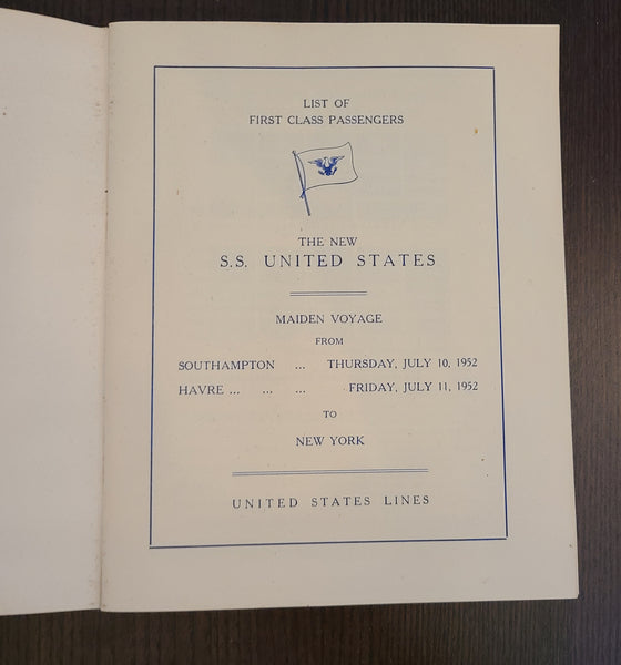 S.S. United States Maiden Voyage First Class Passenger List (July 10th, 1952)