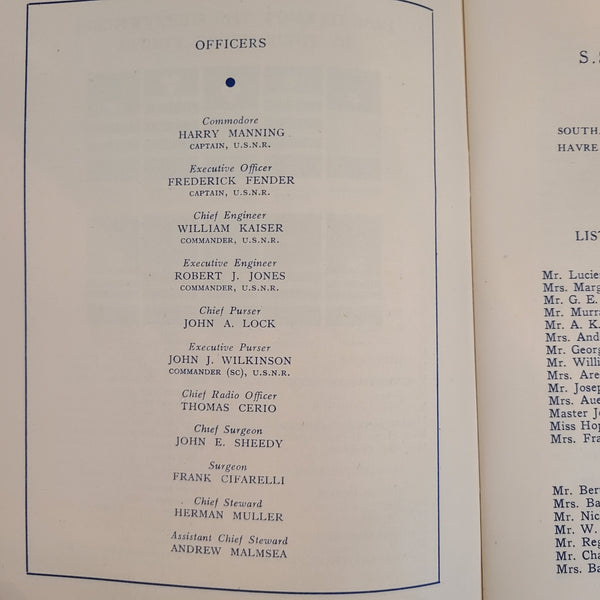 S.S. United States Maiden Voyage First Class Passenger List (July 10th, 1952)