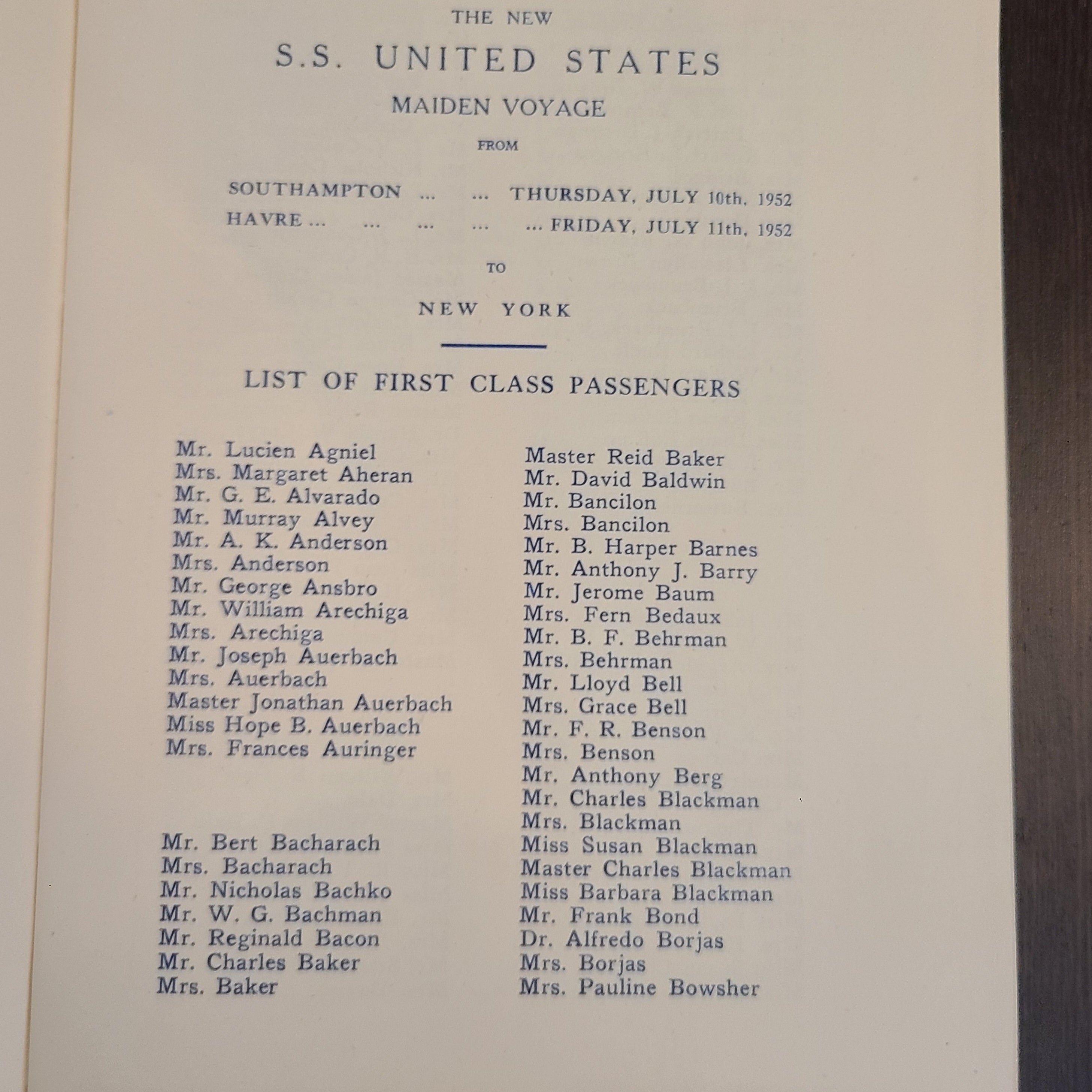 S.S. United States Maiden Voyage First Class Passenger List (July 10th, 1952)