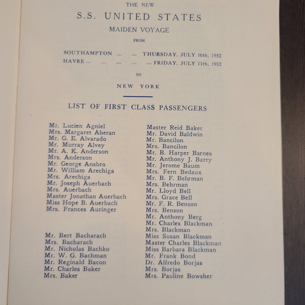 S.S. United States Maiden Voyage First Class Passenger List (July 10th, 1952)