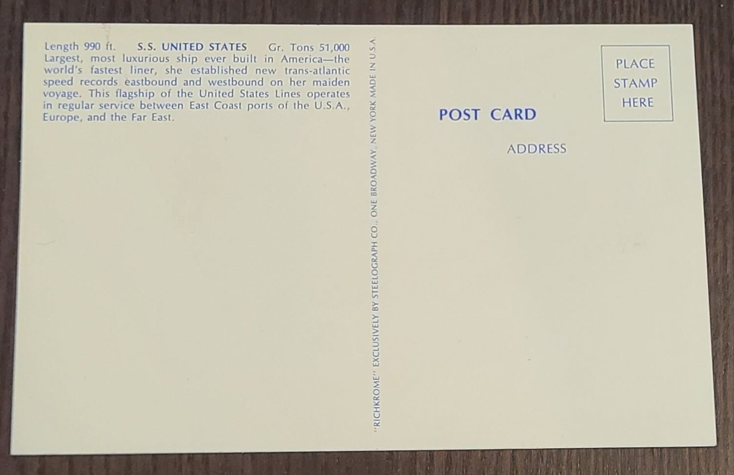 S.S. United States Post Card