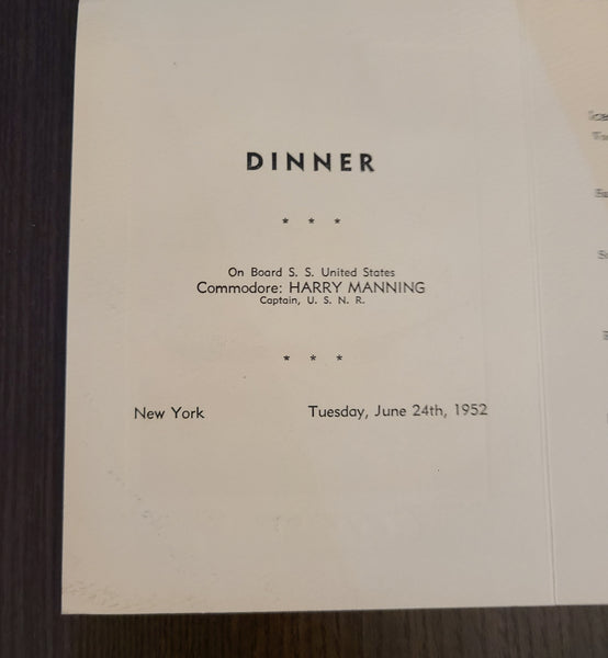 S.S. United States Pre-Maiden Voyage Dinner Menu (June 24th, 1952)