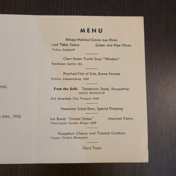 S.S. United States Pre-Maiden Voyage Dinner Menu (June 24th, 1952)