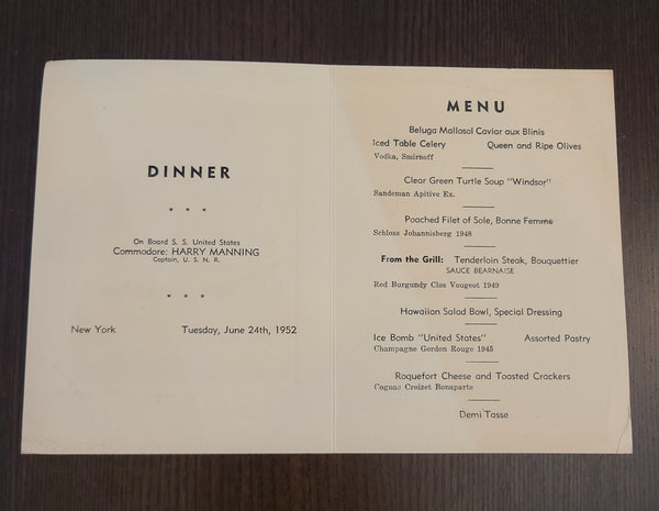 S.S. United States Pre-Maiden Voyage Dinner Menu (June 24th, 1952)