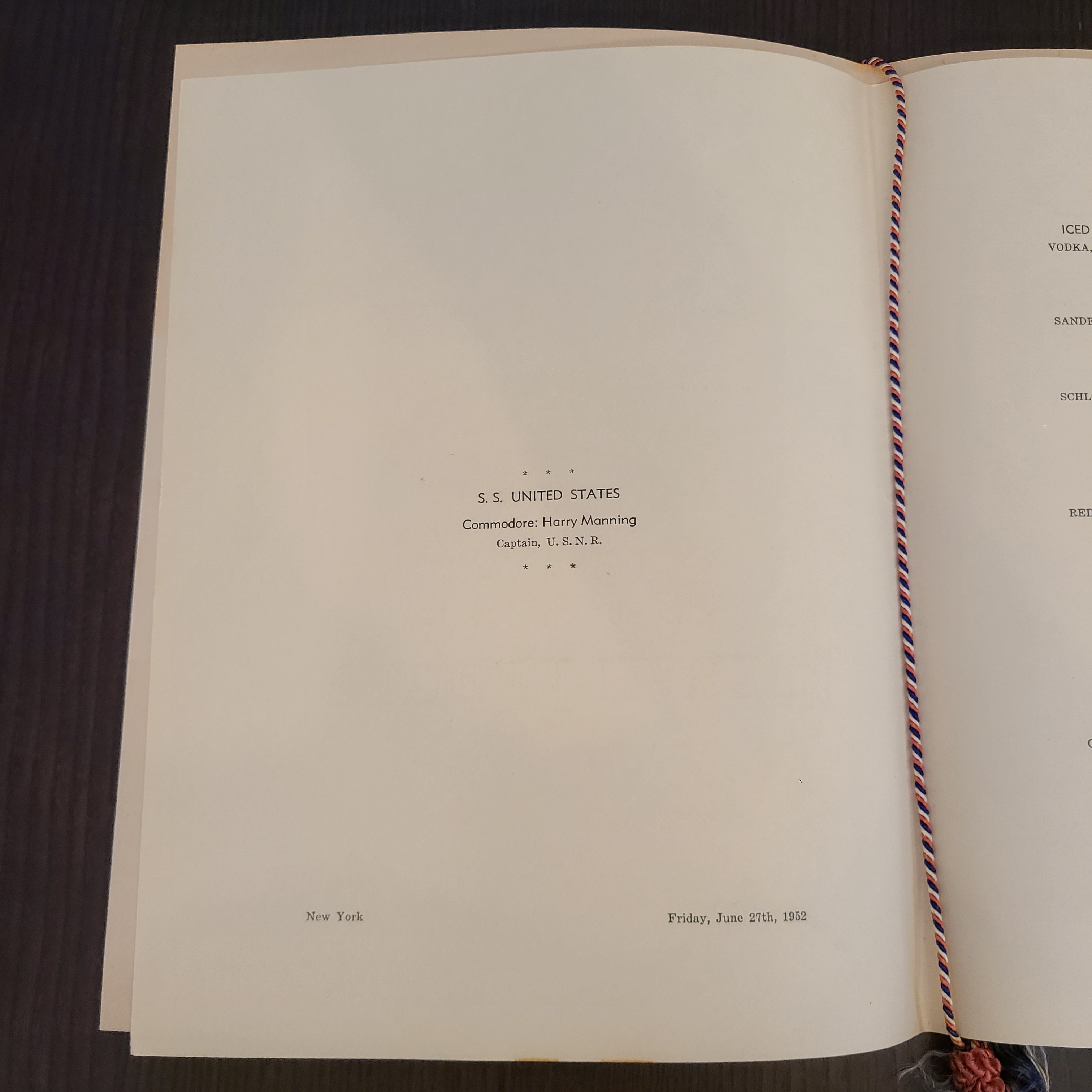 S.S. United States Pre-Maiden Voyage Dinner Menu (June 27th, 1952)
