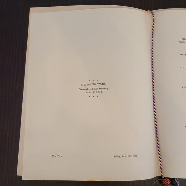 S.S. United States Pre-Maiden Voyage Dinner Menu (June 27th, 1952)