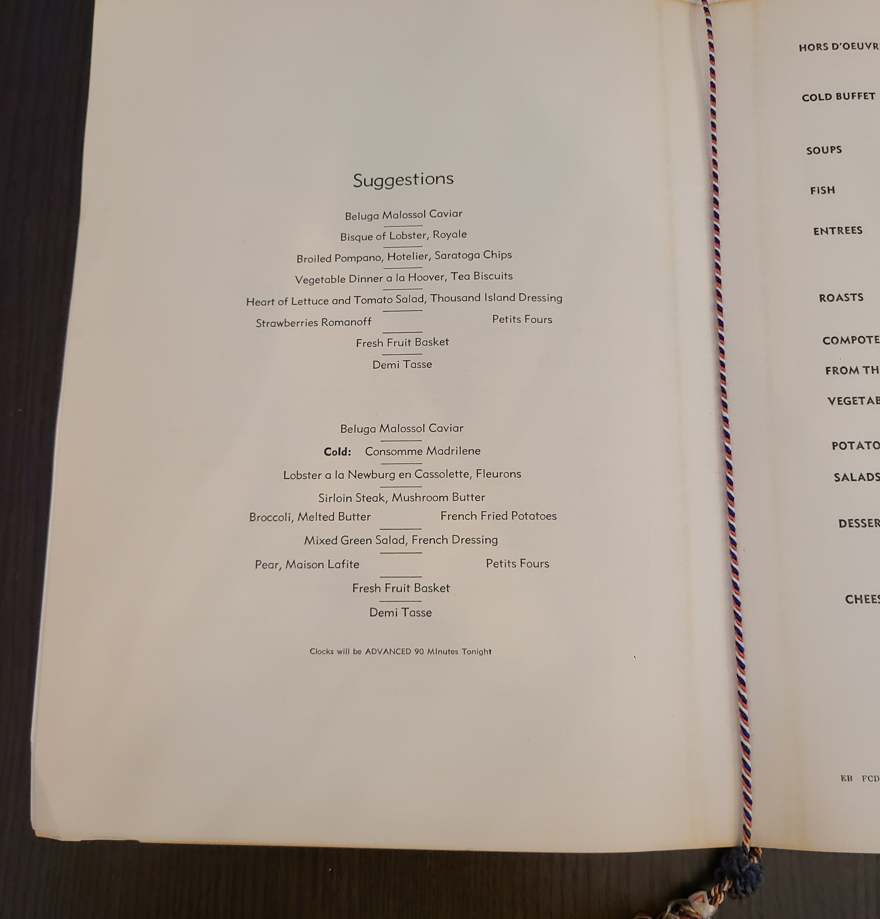 S.S. United States Maiden Voyage Dinner Menu (July 4th, 1952)