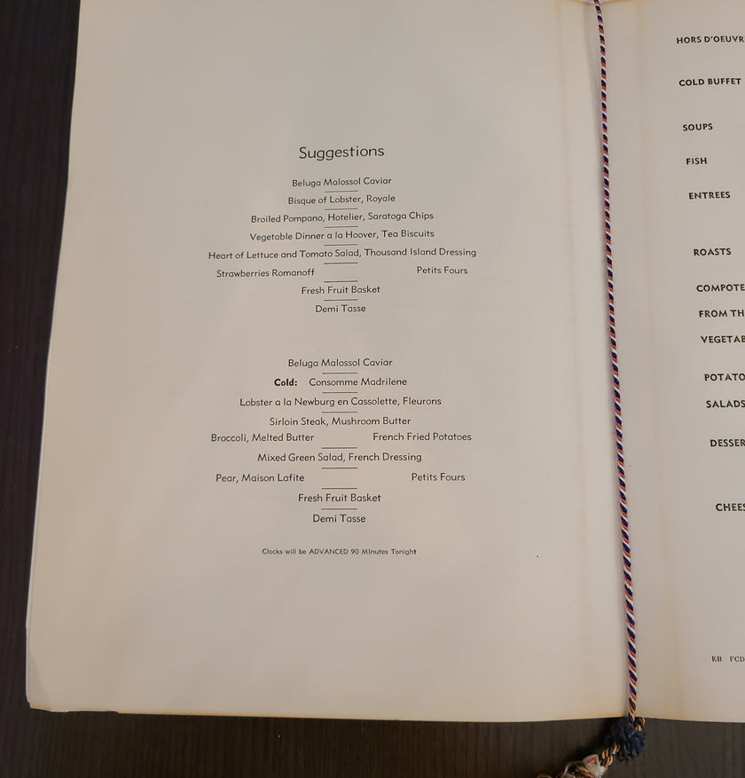 S.S. United States Maiden Voyage Dinner Menu (July 4th, 1952)