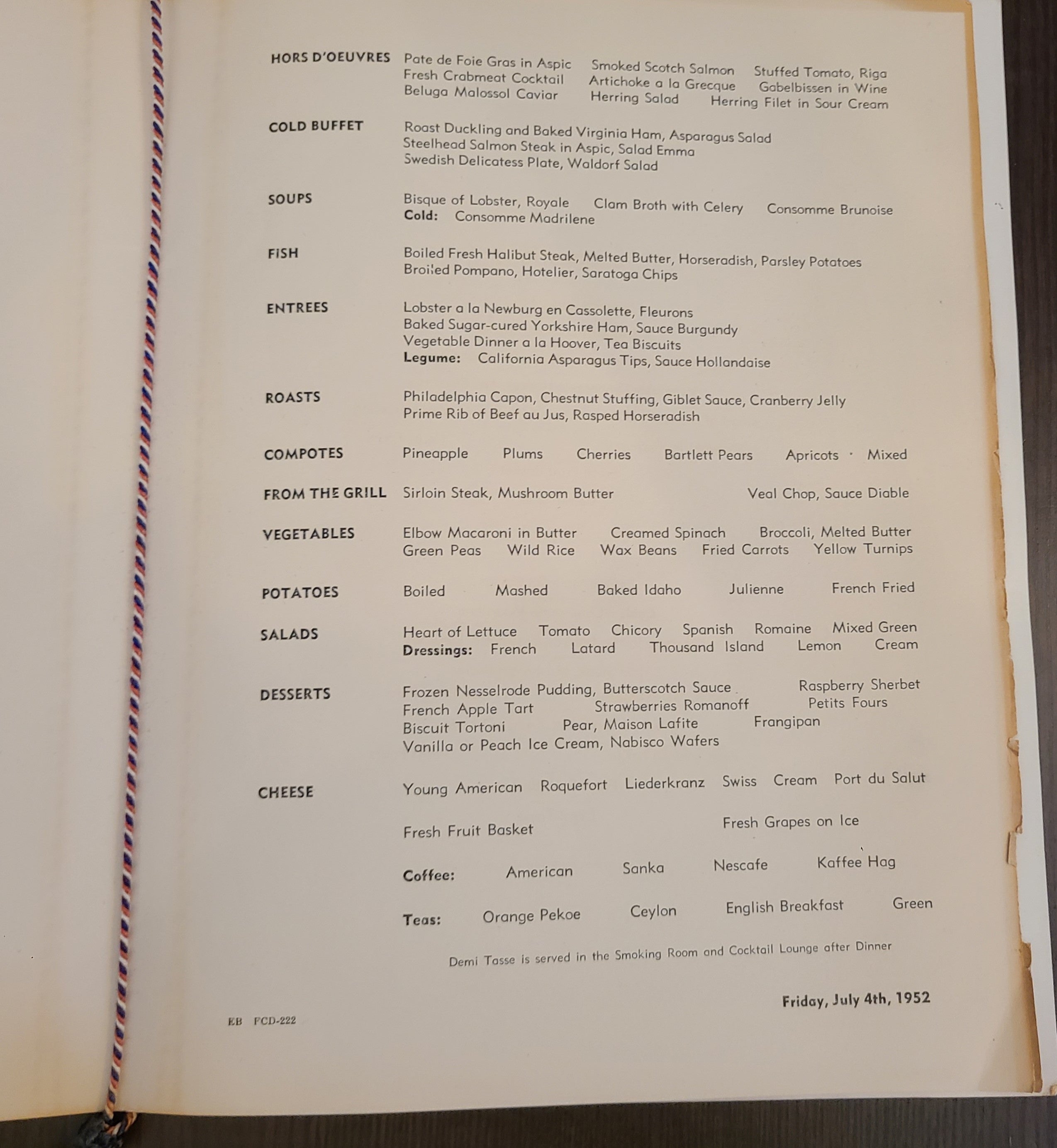 S.S. United States Maiden Voyage Dinner Menu (July 4th, 1952)