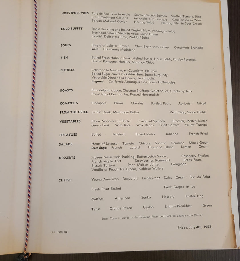 S.S. United States Maiden Voyage Dinner Menu (July 4th, 1952)