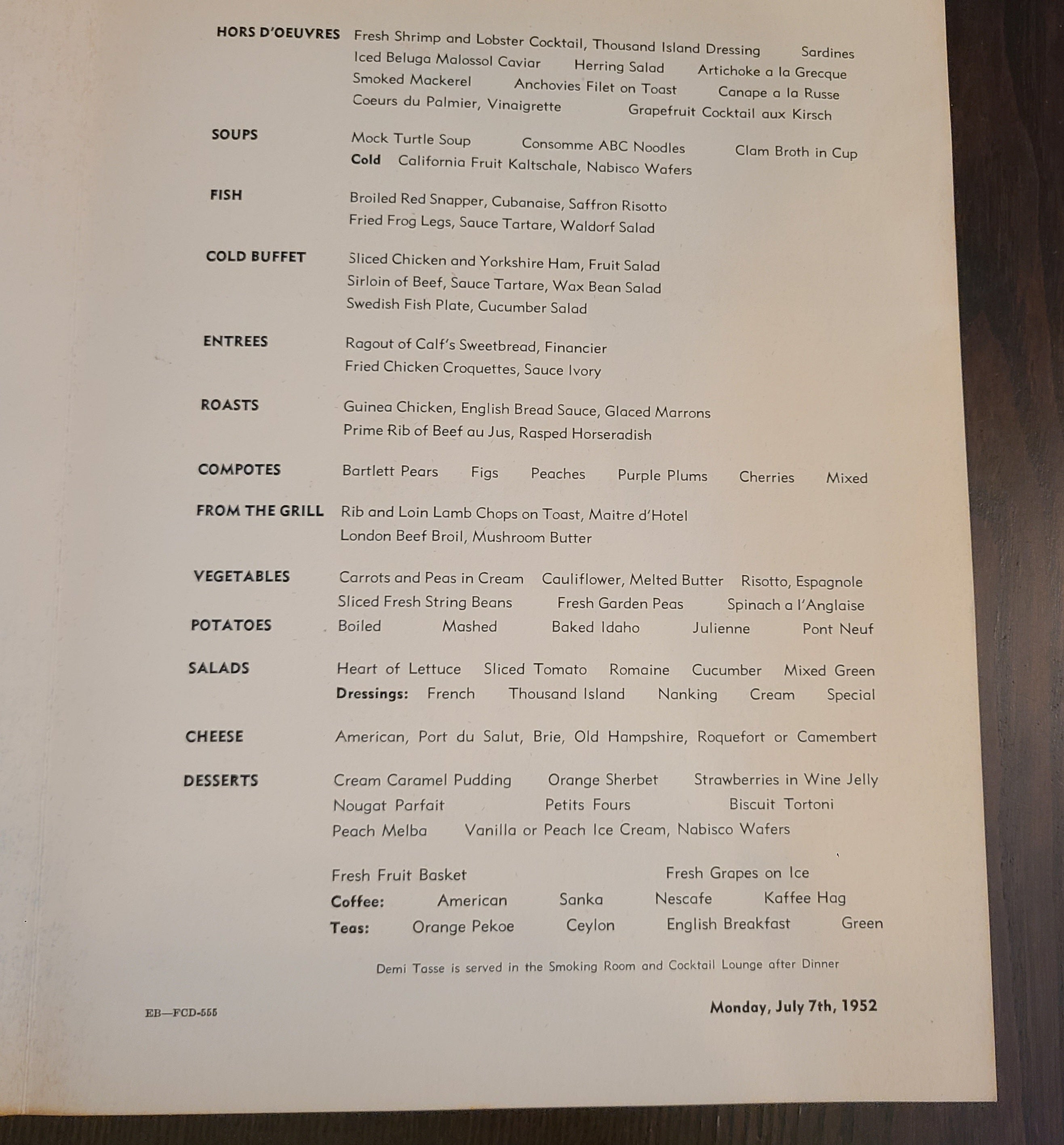 S.S. United States Maiden Voyage Dinner Menu (July 7th, 1952)