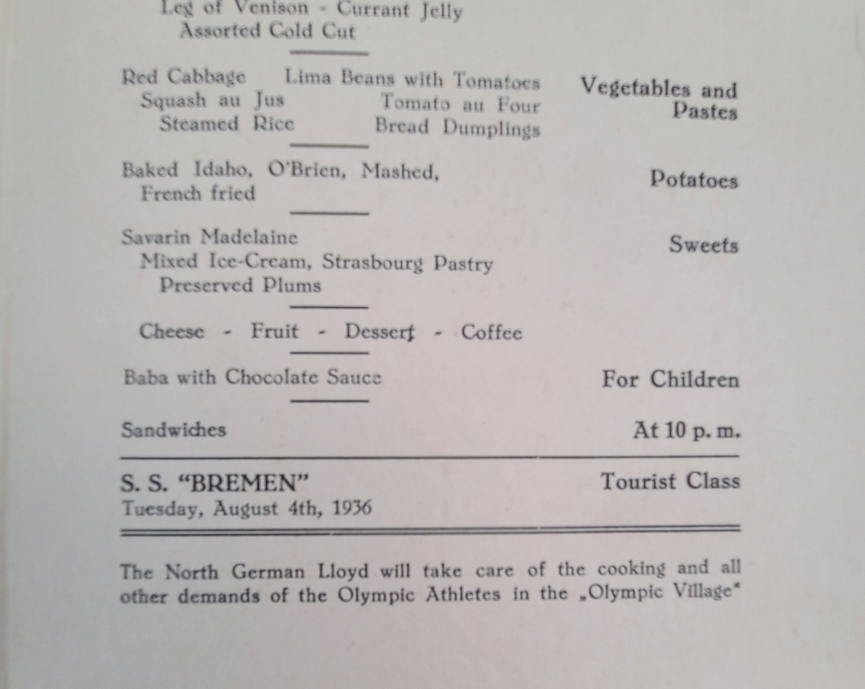 Norddeutscher Lloyd Bremen S.S. Bremen 1936 Olympics Cover Dinner Menu