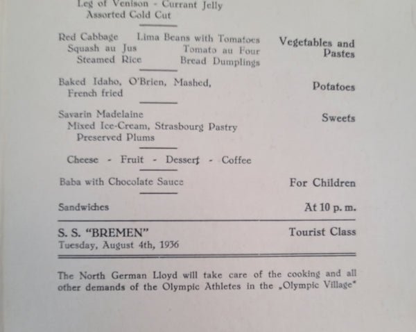 Norddeutscher Lloyd Bremen S.S. Bremen 1936 Olympics Cover Dinner Menu
