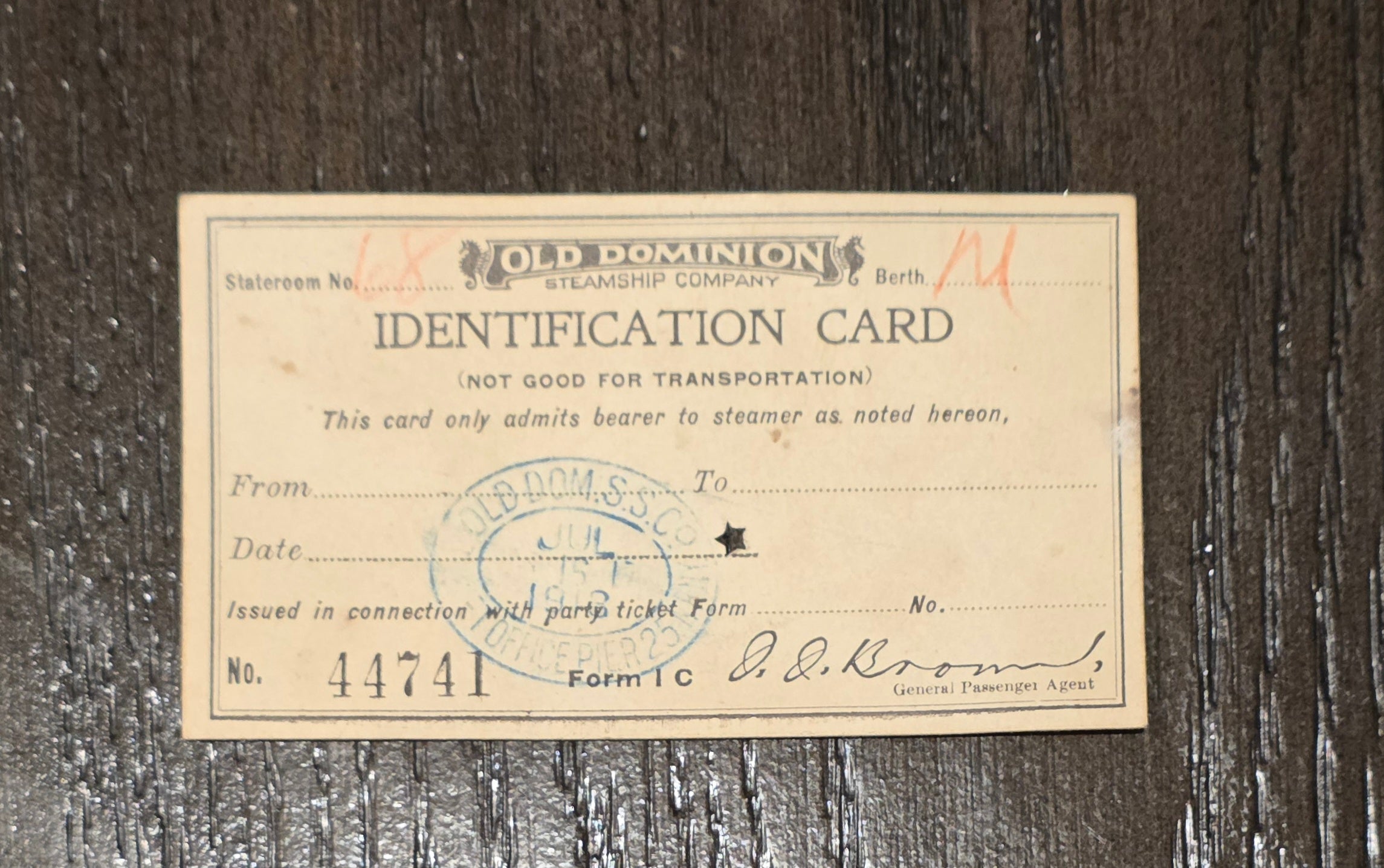 Old Dominion Steamship Co. Identification Card