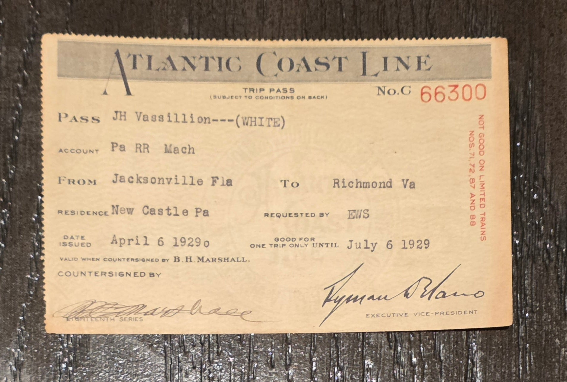 Atlantic Coast Line Railroad Trip Pass