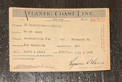 Atlantic Coast Line Railroad Trip Pass