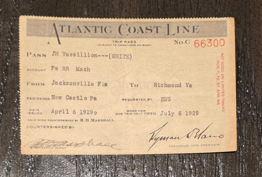 Atlantic Coast Line Railroad Trip Pass