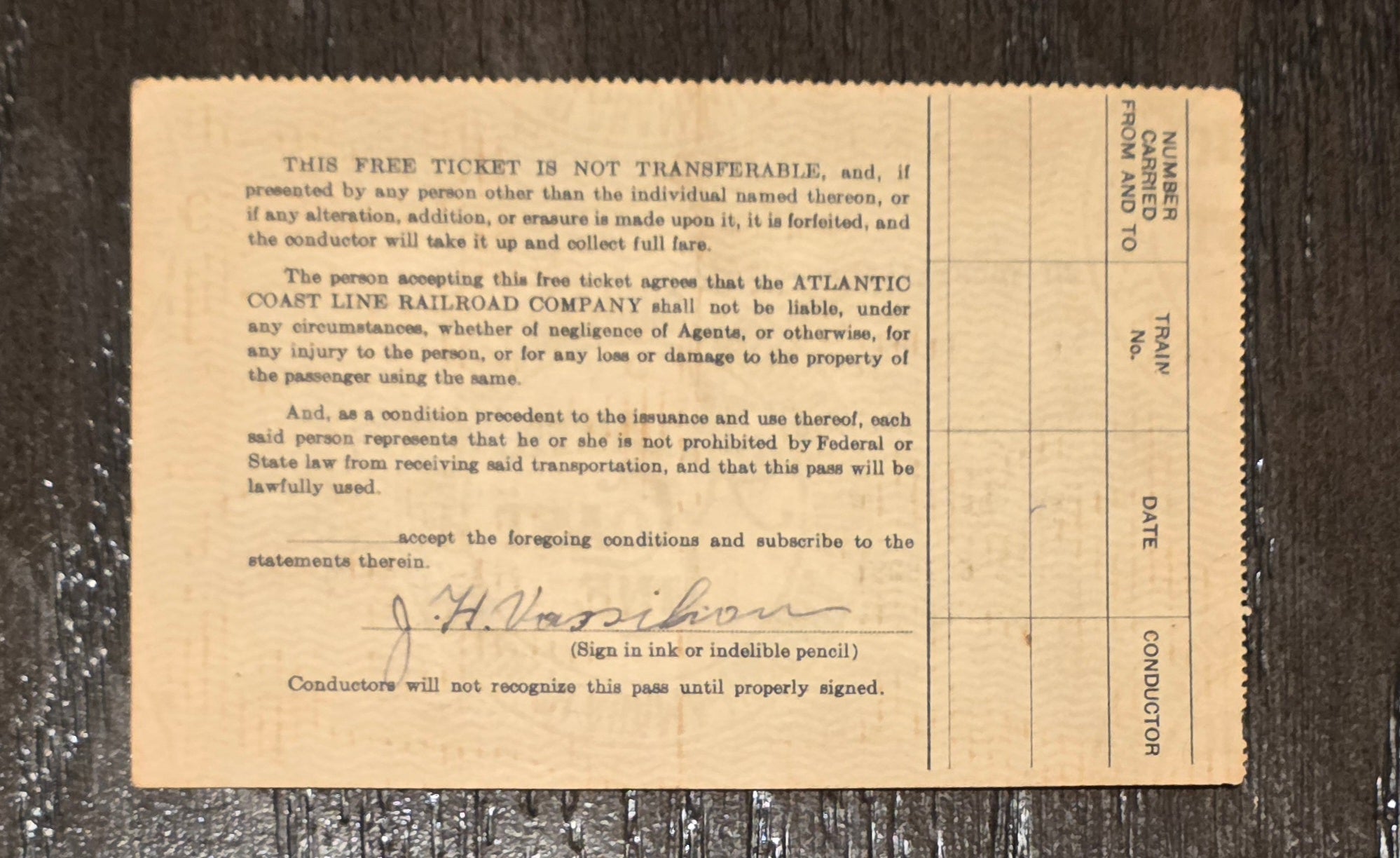 Atlantic Coast Line Railroad Trip Pass