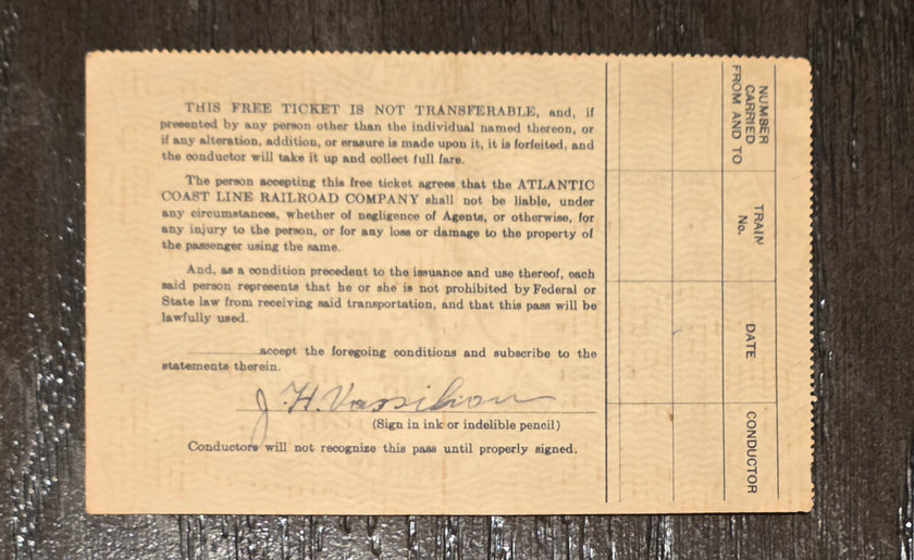 Atlantic Coast Line Railroad Trip Pass
