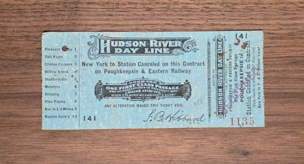Hudson River Day Line & Eastern Railway New York to Poughkeepsie Ticket