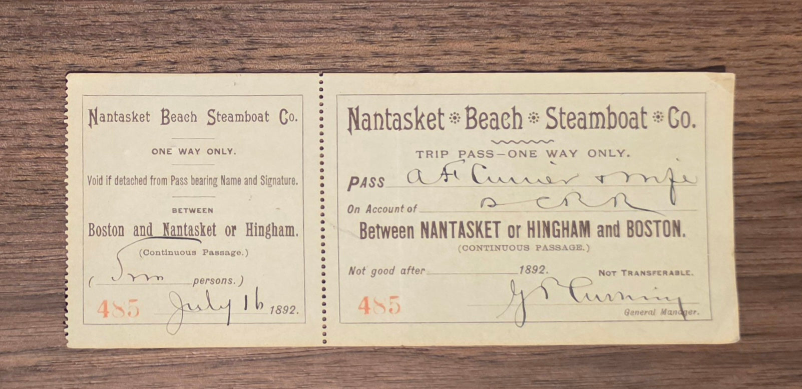 Nantasket Beach Steamboat Company Ticket (1892)