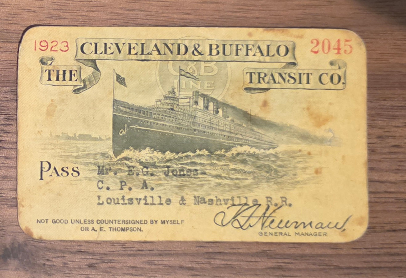 Cleveland & Buffalo Transit Company Employee Pass (1923)