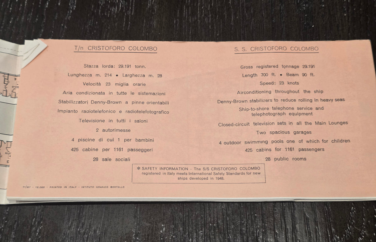 Italian Line M.V. Cristoforo Colombo Deck Plan (1967)